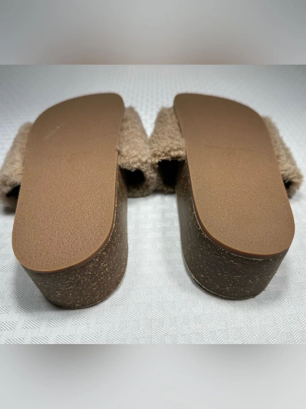 Tory Burch Slides Size 9.5 Double T Logo Shearling Flatform Almond Sherpa Cork